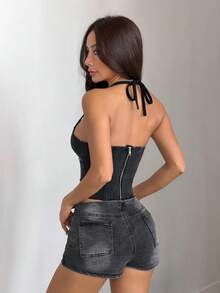 SHEIN ICON 女士纯色休闲露背系带牛仔衬衫 - 黑色 - 查看 3
