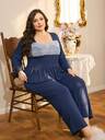 Plus Size Elegant French Romantic Contrast Color Lace Ruffle Hem Long Sleeve Pajama Set