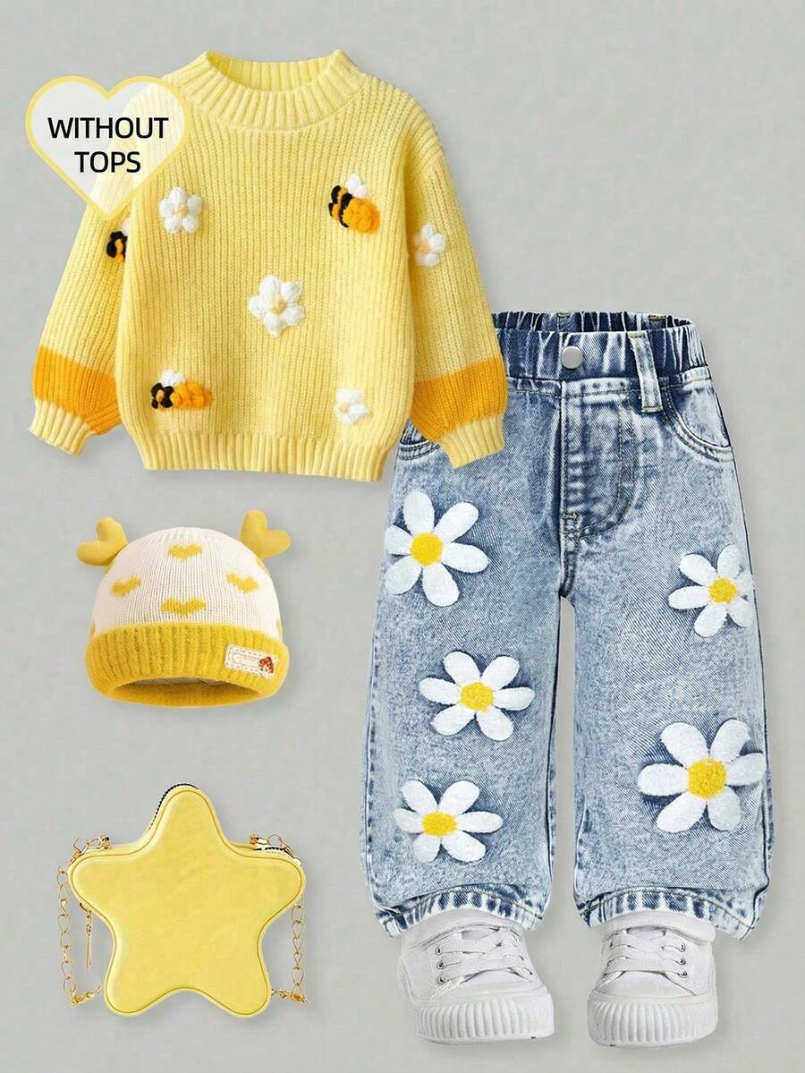 Quần Jeans Denim Cho Bé Gái, Dáng Rộng, Ống Rộng, Chất Liệu Denim Cotton Thoải Mái, Thêu Hoa, Đa Năng Cho Mặc Hàng Ngày, Thu/Đông - Rửa nhẹ - Xem 1