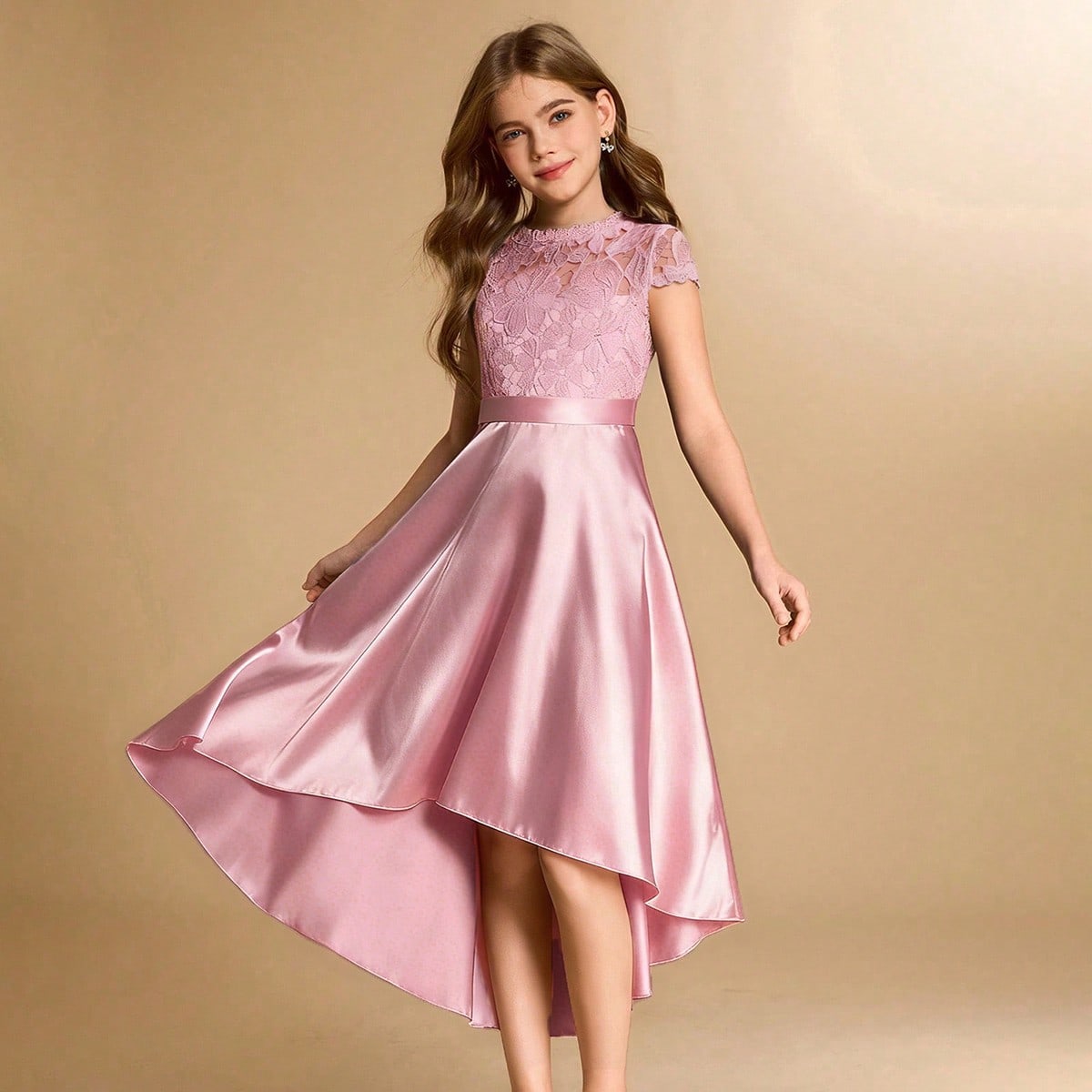 Vestido midi con dobladillo asimétrico de parches de encaje y satén, vestido de gala de alta gama para adolescentes, adecuado para bodas, bailes de