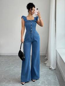 Elenzga 女士荷叶边领拼接牛仔连体裤，半开襟纽扣设计，喇叭袖 - 藍色 - 查看 1