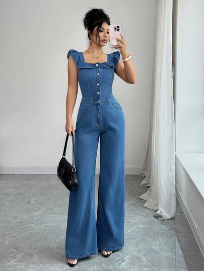 Elenzga 女士荷叶边领拼接牛仔连体裤，半开襟纽扣设计，喇叭袖