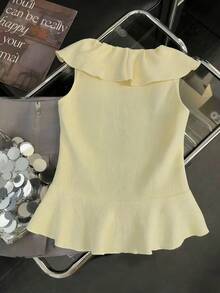 Franclia Blusa amarela elegante e casual sem mangas com babados, ideal para o verão, férias de primavera, praia e volta às aulas. Blusa amarela pastel com babados. - Amarelo - Ver 2