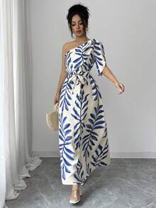 Elenzga Women's Elegant Floral Puff Sleeve Tie Waist Bodycon Dress, Blue & White, Spring/Summer - Blue - View 1