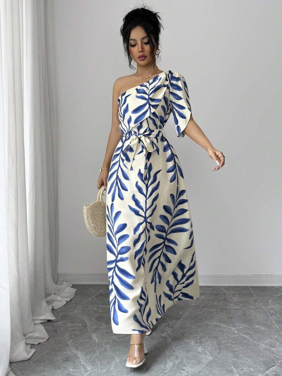 Elenzga Women's Elegant Floral Puff Sleeve Tie Waist Bodycon Dress, Blue & White, Spring/Summer - Blue - View 1