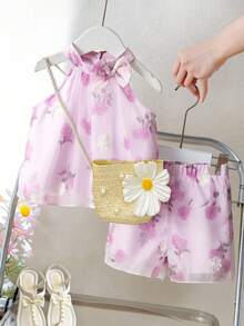 Souflis Souflis Cute Baby Girls Halter Neck Purple Chiffon Sleeveless Co-Ord With Floral Plant Print And Ruffle Detail Baby Girl Summer Clothes Baby Girl Casual - Purple - View 3