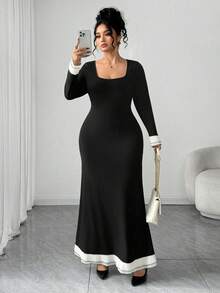 SHEIN Elenzya 大码女式撞色方领长袖修身优雅连衣裙 - 黑色 - 查看 6
