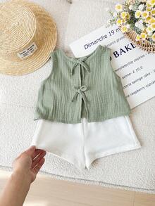 SHEIN Young Girl Casual Bow Details Loose Backless Tie Textured Fabric A-Line Tank Top Spring Summer - Green - View 4