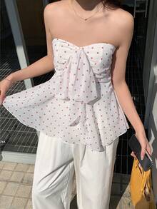 Cévolie 女士夏季休闲波点系带抹胸上衣 - 彩色 - 查看 4