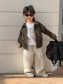 DAZY 男童豹纹拉链休闲牛仔外套 - 棕色 - 查看 5