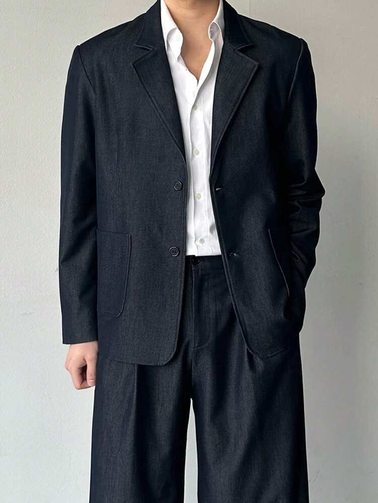 Navy Blue Loose Fit Speckled Collar Long Sleeve Jacket And Pants Suit Set For Men, Autumn