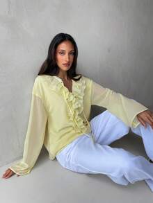 Aloruh Blusa de estilo "Old Money" para mujer, blusa holgada de gasa con cuello en V, plisados y volantes, color amarillo claro, elegante, para primavera y salir - Amarillo claro - Ver 9