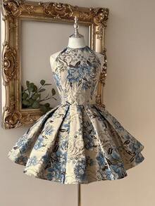 Lovelzi Đầm xòe chữ A sang trọng kiểu cung đình, chất liệu vải jacquard màu xanh lá cây, cổ yếm, hở lưng, thắt dây chéo, thích hợp cho các buổi hẹn hò, kỳ nghỉ, tiệc độc thân, dạ hội, đám cưới, lễ tốt nghiệp, dạ tiệc prom. - Màu xanh lam - Xem 3