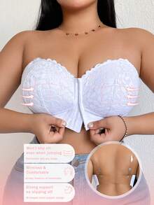 DesireSculpt 1pc Plus Size Wireless Lace Front Closure Bra, Sexy Lift & Enhance Invisible Back Bra - White - View 3