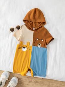 SHEIN Baju Terusan Bayi Unisex Baru Lahir Laki-laki/Perempuan Motif Hewan Lucu dengan Warna Kontras, Pakaian Bayi Musim Semi/Panas, Set Pakaian Bayi - Coklat - View 5