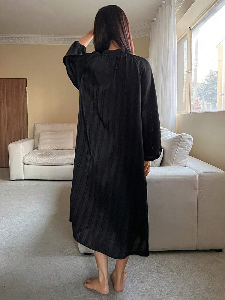 Women's Loose Long Sleeve V-Neck Tie Waist Nightgown Sleepwear Dress
