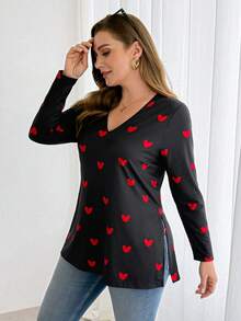 SHEIN Essnce Áo thun dài tay cổ chữ V xẻ cao màu đen in hình trái tim, chất liệu co giãn thoải mái, dành cho nữ, thích hợp mặc hàng ngày, mùa xuân và thu, thời trang thường ngày. - màu đen - Xem 1