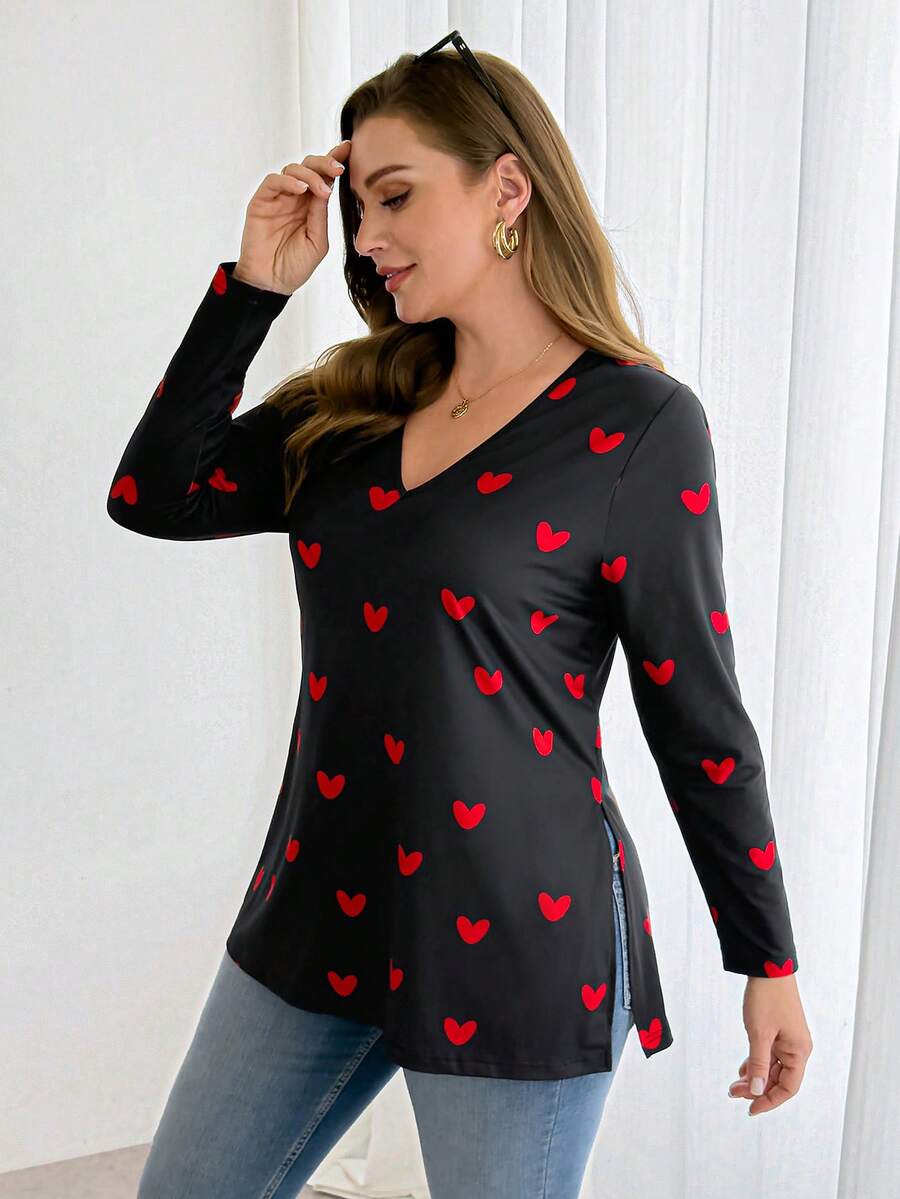 SHEIN Essnce Áo thun dài tay cổ chữ V xẻ cao màu đen in hình trái tim, chất liệu co giãn thoải mái, dành cho nữ, thích hợp mặc hàng ngày, mùa xuân và thu, thời trang thường ngày. - màu đen - Xem 1