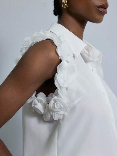 Aveloria Modichic White Minimalist Design Ruffle Cuff Floral Decor Stand Collar Sleeveless A-Line Casual Versatile Blouse For Women