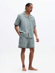 SUMWON Piżama w paski zapinana na guziki, koszula z krótkim rękawem, pasujące spodenki, odzież domowa, bielizna nocna, letni komfort, luźny krój, klasyczny kołnierzyk - Zielony - Zobacz 1