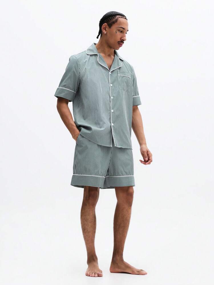 Striped Button Down Pajama Set With Matching Shorts