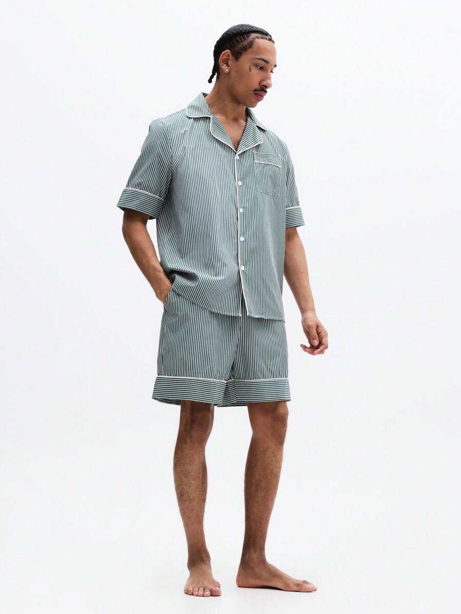 SUMWON Piżama w paski zapinana na guziki, koszula z krótkim rękawem, pasujące spodenki, odzież domowa, bielizna nocna, letni komfort, luźny krój, klasyczny kołnierzyk - Zielony - Zobacz 1