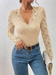 SHEIN Frenchy 女士V领长袖蕾丝优雅连体衣 - 杏色 - 查看 4