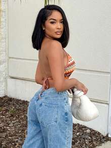 Geo Print Tie Backless Crop Halter Top Spring Break Crop Women Tops - Multicolor - View 4