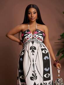 Veslaya Plus Size Women's 2026 Early Spring New Music Festival & Easter Western Style All-Over Print Halter Dress, Summer Dresses - Multicolor - View 6