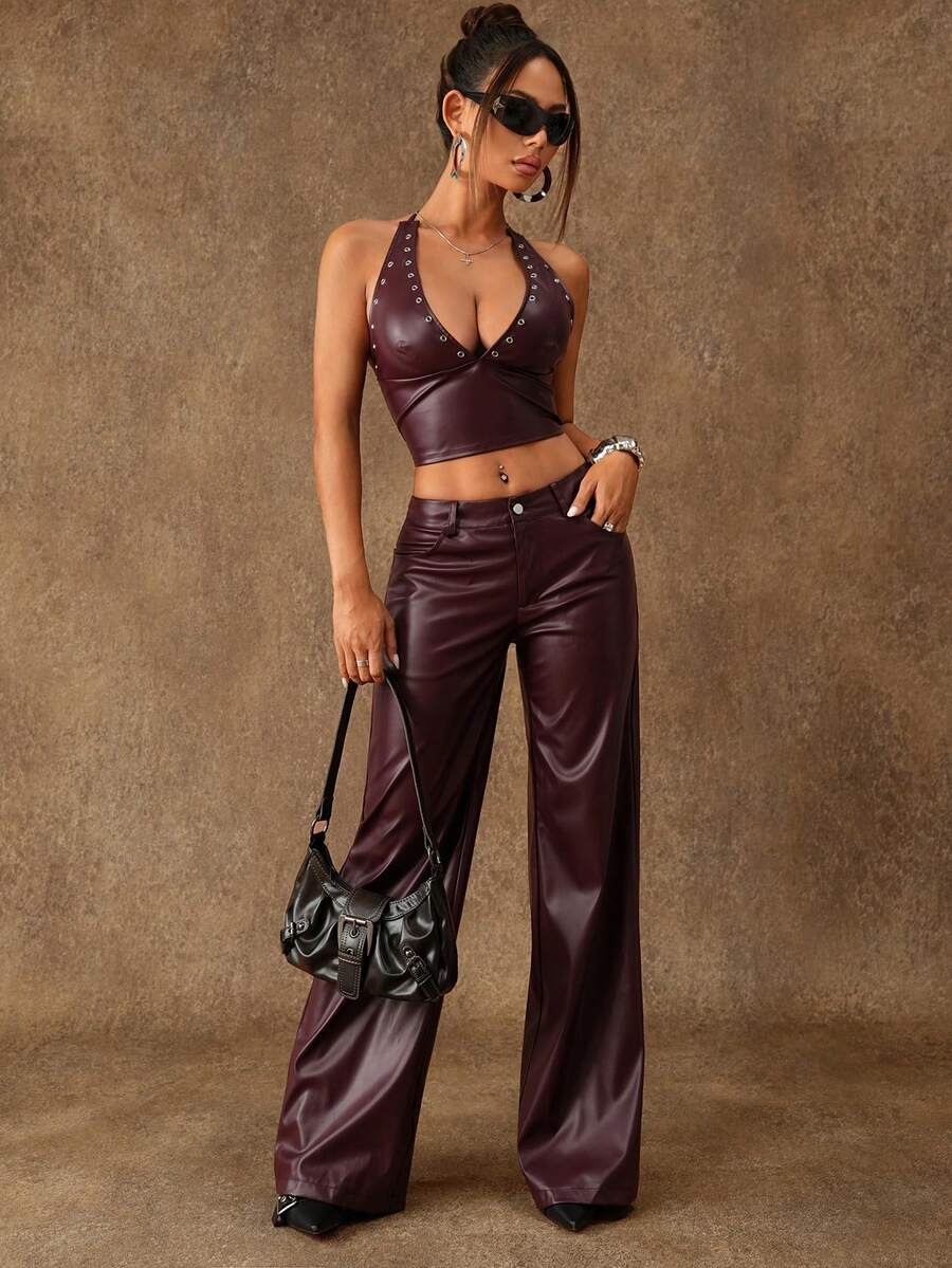 SHEIN ICON Áo tank top nữ cổ yếm đính khoen kim loại bằng chất liệu PU, kiểu dáng thường ngày. - Màu Đỏ Sâu - Xem 1