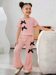 Set 2 tricou roz cu mânecă scurtă pentru fete, cu fundă neagră și pantaloni evazați cu talie elastică, primăvară/vară - Roz - Vizualizare 10