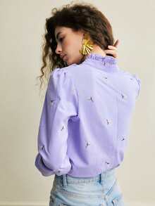 Écloséra Women's Elegant Blouses, Commuter Blouses, French Style Blouses, Casual Blouses, Light Purple Blouses, Embroidered Blouses, Patterned Blouses, V-Neck Blouses, Puff-Sleeved Blouses, Spring Blouses, Summer Blouses, Versatile Blouses, Ruffle Blouses. - Mauve Purple - View 6