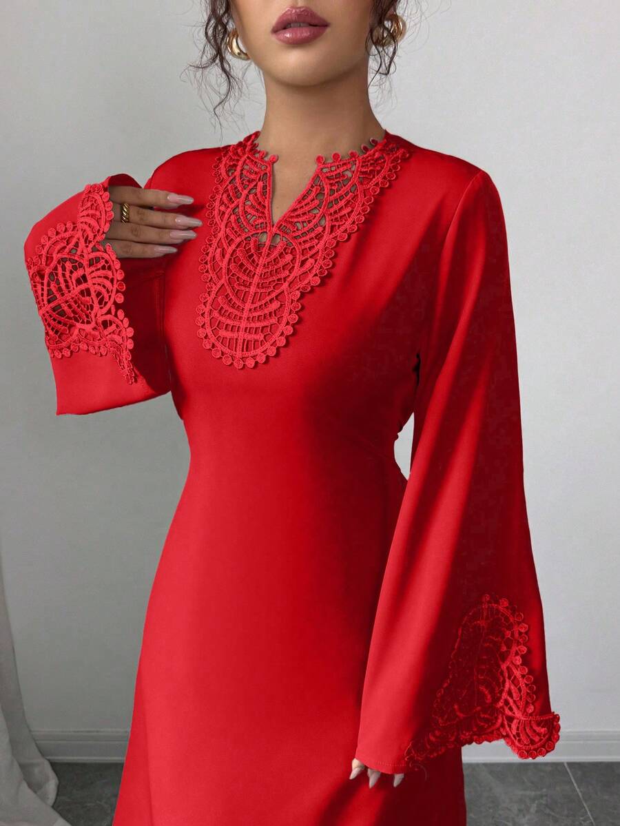 Rafferiza Áo choàng dài tay cổ chữ V dáng rộng, tay bồng, kiểu Thổ Nhĩ Kỳ, kiểu Ả Rập dành cho nữ. - Đỏ - Xem 1