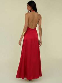 Aloruh Vestido rojo con escote en V profundo y pliegues en el busto para el Día de San Valentín - Rojo - Ver 2