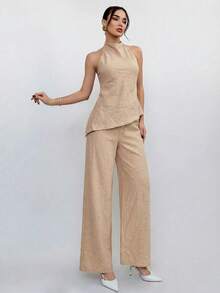 Aloruh Conjunto de top sin espalda de cuello halter casual de verano + pantalones largos - Caqui - Ver 4