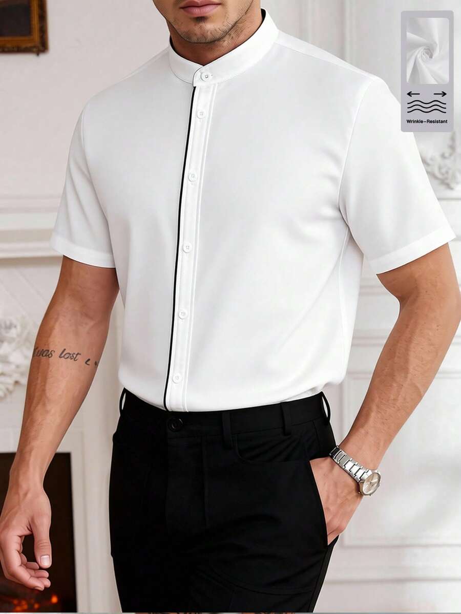 Core Aspect Men's White Stand Collar Short Sleeve Single-Breasted Casual Business Shirt - White - View 1