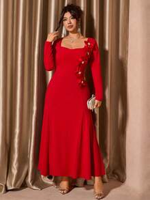 Cravure 大码女式花卉装饰优雅端庄正式连衣裙，中国风红色连衣裙，浪漫连衣裙，情人节连衣裙，情人节红色连衣裙，情人节女装，优雅女式连衣裙，情人节服装，大码情人节服装，情人节连衣裙，情人节红色连衣裙，优雅女式红色连衣裙，女士教堂连衣裙，长袖 - 紅色 - 查看 4