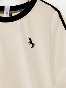 GlowEve 2件套女士时尚圆领刺绣印花撞色滚边T恤，休闲弹力腰斜插口袋刺绣阔腿裤套装 - 彩色 - 查看 4