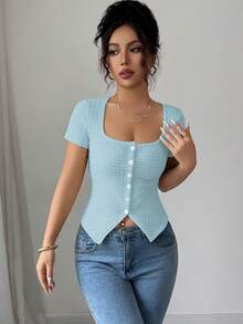 Selianne Women's Summer Square Neck Fitted T-Shirt, Knitted Crinkle Texture Fabric, Front Slit Hem Cardigan, Suitable For Casual, Party, Date, Vacation Wear Baby Blue Top Women Baby Blue Tops Women Tops Light Blue Top Sexy Top Fitted Tops Sexy Women Tops Clothes For Ladies - Blue - View 5