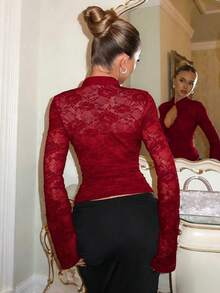 Glamine Charm Áo kiểu nữ cổ tàu phối ren, gợi cảm, đa năng. - Đỏ - Xem 2