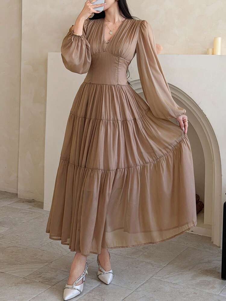 Women's V-Neck Long Sleeve Mesh Patchwork Waist Cinched Dress, Elegant