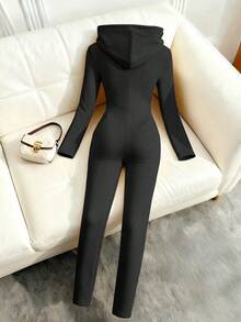 Franclia Mono con capucha con cremallera y decoración de cordón, de manga larga y de alta calidad, de moda para mujeres - Negro - Ver 2