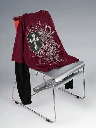 Street Life Herren Langarm T-Shirt mit Kreuz-Muster, Kontrastfarben-Patchwork und Rundhalsausschnitt