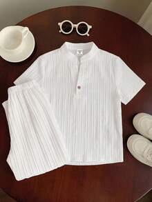 SHEIN 男童纯色短袖纽扣衬衫和裤子休闲套装 - 白色 - 查看 5