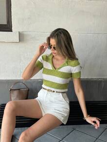 Pariaura Contrast Stripe Polo Collar Knit Top, French Street Style, Short Sleeve Summer Blouse - Olive Green - View 5