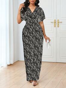 Lunelith SHEIN Lunessa Bộ jumpsuit nữ cổ chữ V tay ngắn, in họa tiết sọc toàn thân, eo chun, ôm sát, thanh lịch, phong cách thường ngày. Jumpsuit nữ, jumpsuit phong cách boho, bộ đồ cỡ lớn, jumpsuit cỡ lớn, thanh lịch. - Nhiều màu - Xem 5