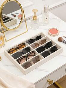 Sunglasses Storage Box, Beige Ice-Patterned Eyeglass Rack - Suitable For Both Men And Women (8 Compartments), 8 Ice-Patterned Compartments Are Used For Storing Glasses And Jewelry, Made Of Polyester Fiber Material. - Tray - View 4