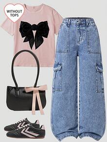 Jeans de pierna ancha con lavado desgastado y bordado de copos de nieve para niñas preadolescentes - Azul lavado medio - Ver 1