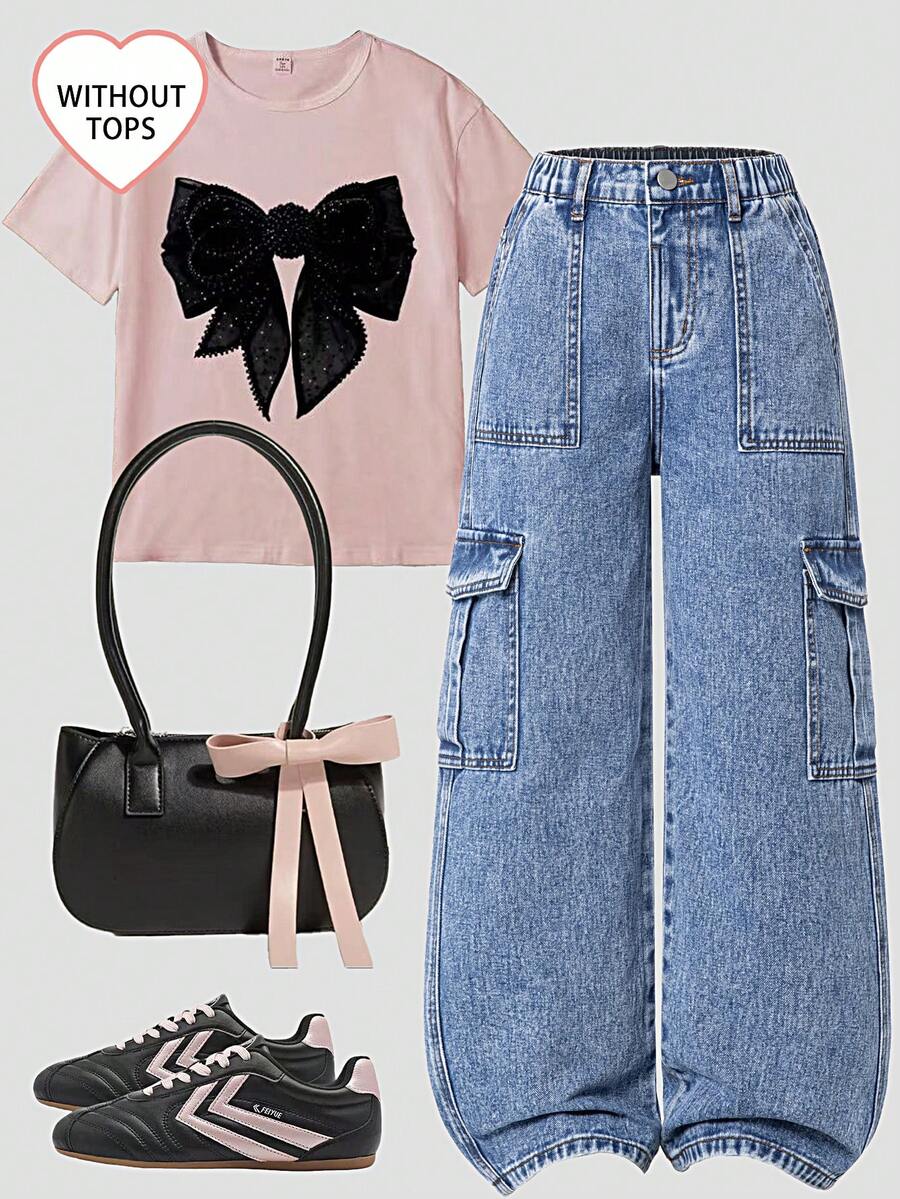 Jeans de pierna ancha con lavado desgastado y bordado de copos de nieve para niñas preadolescentes - Azul lavado medio - Ver 1