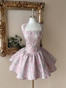 Lovelzi 优雅浪漫的酒红色提花面料露背吊带长袖A字连衣裙，适合毕业典礼、学校开学典礼、音乐节、生日派对、婚礼、下午茶聚会、舞会等场合。 - 紫丁香色 - 查看 1